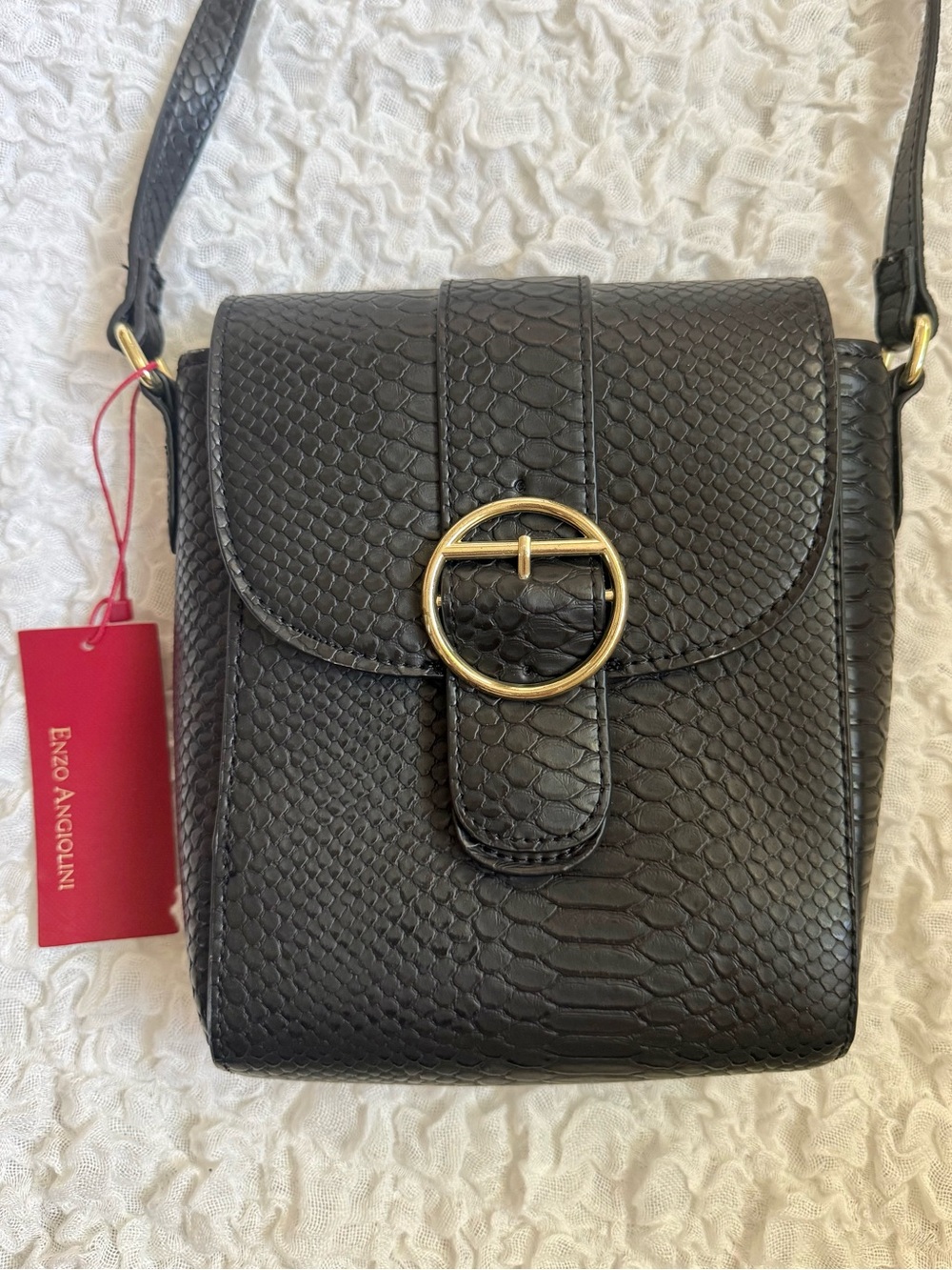 Enzo Angiolini Black Faux-Snakeskin Crossbody with Gold Ring